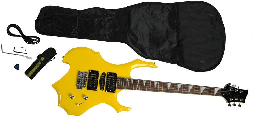 LAGRIMA Flame Shaped Electric Guitar HSH Pickup Bag Strap Paddle Rocker Cable Wrench Tool Yellow