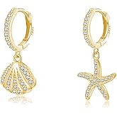 SLUYNZ 925 Sterling Silver CZ Seashell Hoop Earrings for Women Teens Starfish Huggie Earrings Dangle Beach Earrings