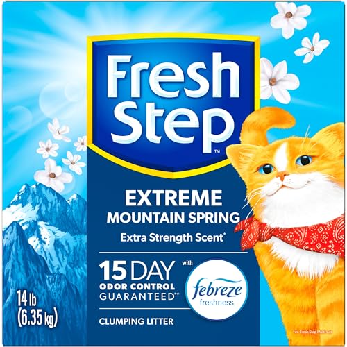 FRESH STEP EXTREME CLUMPING LITTER WITH FEBREZE FRESHNESS, MOUNTAIN SPRING SCENT CLUMPING CAT LITTER WITH GUARANTEED ODOR CONTROL, 14 LB. BOX