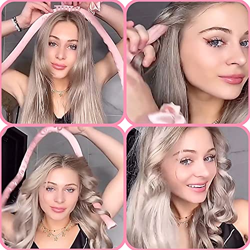 Heatless Hair Curling Rod Headband for Long Medium hair,DIY No Heat EVA Hair Curler,Soft Foam Hair Rollers,Curling Ribbon and Flexible Rods(Pink)