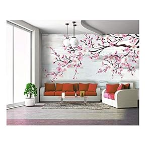 Large Wall Mural - Watercolor Style Ink Painting Pink Cherry Blossom on Abstract Background | Self-Adhesive Vinyl Wallpaper/Removable Modern Wall Decor - 66x96 inches