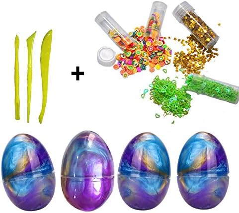 Crystal Egg Slime, BREEZO 4 Pack Galaxy Fluffy Slime Non-Sticky Non-Scented Stress Relief DIY Toy, Sludge Toy Glitter Putty mixed with 2 Fruit Pack + 1 Star Pack + 1 Heart Pack + 1 Tools Pack, Jumbo Slime Toy for Kids and Adults (Egg Slime)