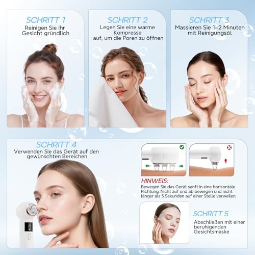 Blackhead Remover Pore Cleaner 3 Modes Vacuum Facial Cleansing White | 5 attachments pimple sucker, USB-C charging, portable pore vacuum cleaner, including pimple tool set