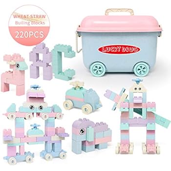 Building Blocks, Lucky Doug 220 PCS Wheat Straw DIY Building Bricks Compatible with All Major Brand STEM Toys for Children with Storage Truck