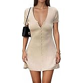 GCZREN Women Sexy Deep V Neck Button Front Knit Mini Dress Elegant Short Sleeve Ribbed Flowy Hem A-Line Short Dress
