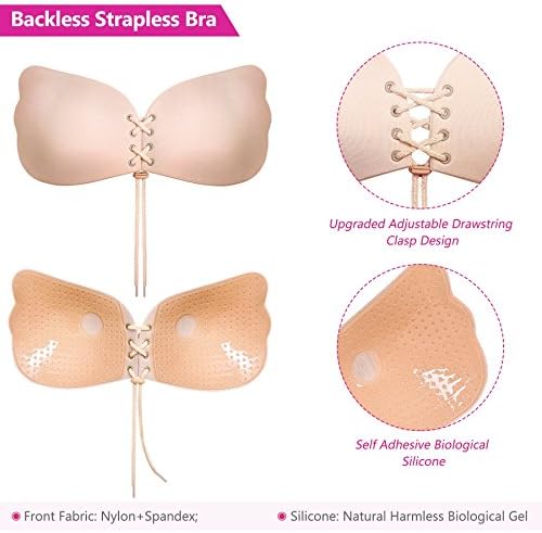 SAWMONG Backless Strapless Bra, Self Adhesive Sticky Silicone Invisible Push up Bra with Drawstring, Skin, White, Black