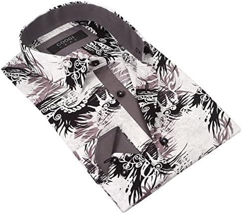 Coogi Luxe Men's White / Grey / Black Tailored Fit Pattern Print Classic Dress Shirt (2X-Large)