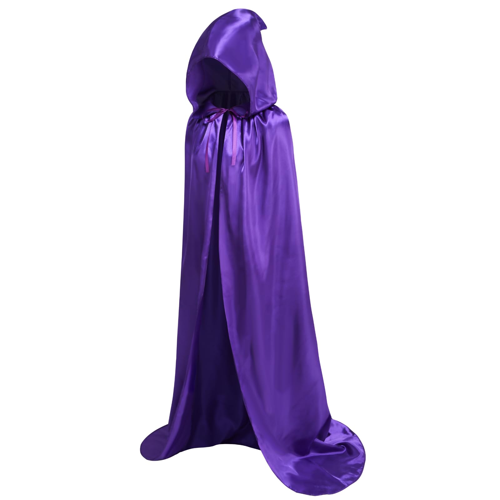 HAPNBCELE Unisex Adults Satin Cape Hooded Cloak, Wizard Fairytale Cosplay Fancy Dress for Halloween Christmas Carnival Party (Bright Purple, 130cm/51.18”)