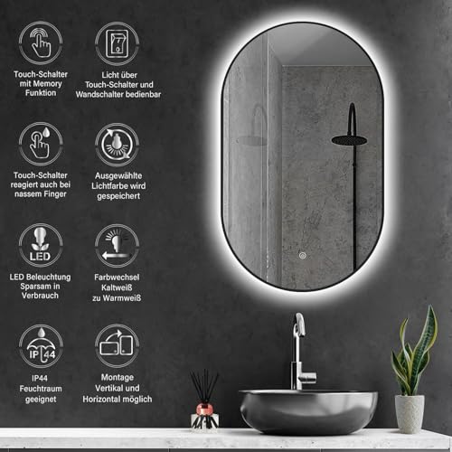 ApeJoy Oval LED Bathroom Mirror 45x75cm Matt Black Metal Frame Bathroom Lighting with Touch Switch Adjustable Mirror Warm White/Cool White Neutral