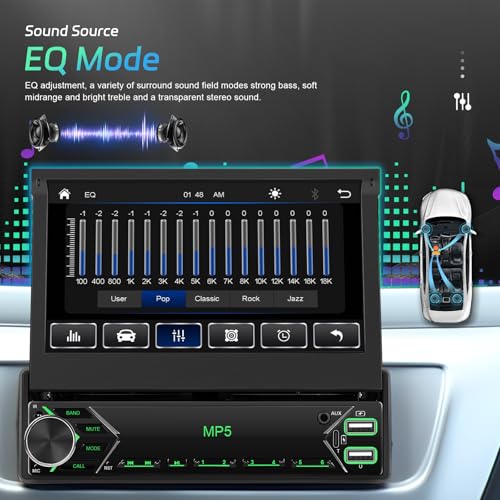 FM RDS 1 Din Car Radio Wireless Carplay Android Auto, Retractable Touch Screen 7 Inch Bluetooth Car Radio, EQ, Mirror Link, Reversing Camera, MIC, AUX, USB