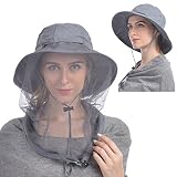 USHAKE Mosquito Head Net Hat, Safari Hat Sun Hat Bucket Hat with Hidden Net Mesh Protection from Insect Bug Bee Mosquito Gnats for Outdoor Lover Men or Women