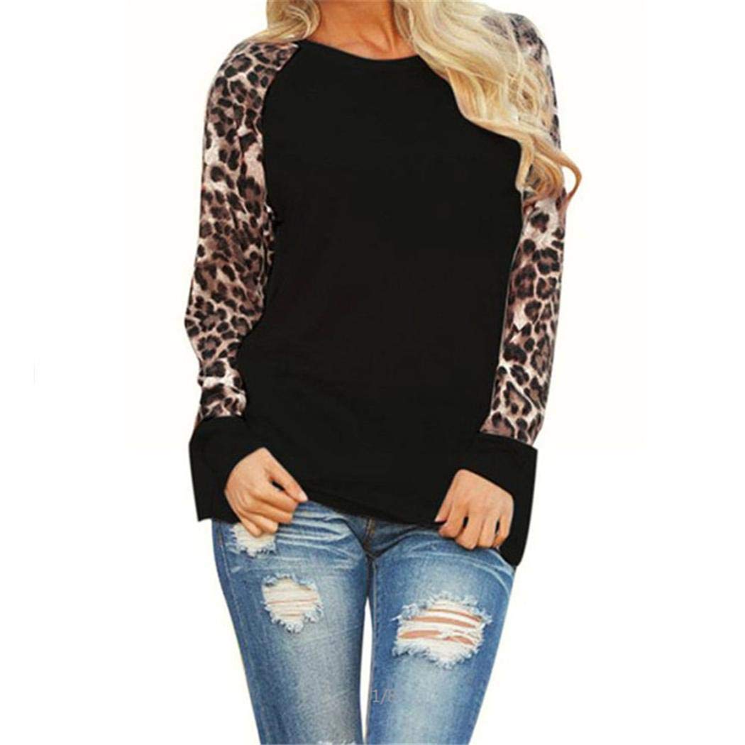 Weardear Women Casual O-Neck Leopard Patchwork T-Shirt Knits & Tees Black