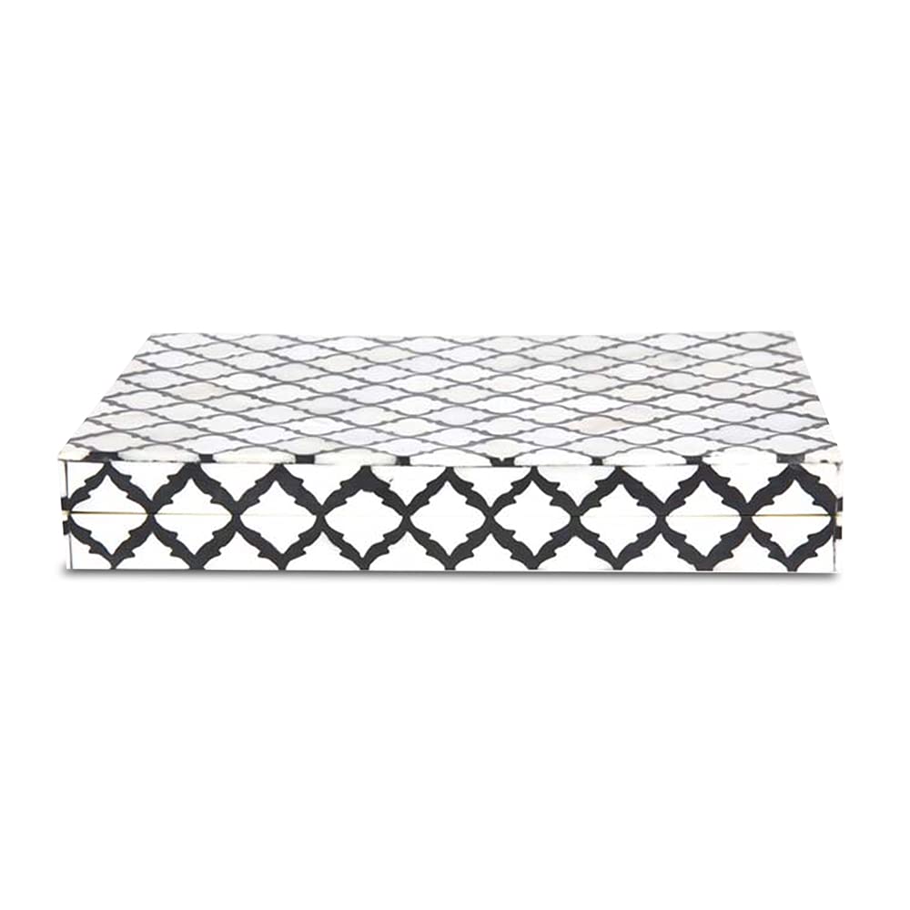 Handicrafts Home Small Decorative Storage Box with Lid, Moroccan Jewelry Keepsake Trinket Box Organizer, Wooden Coffee Table Dresser Storage Box, Black & White, 6x8x1.5 Inch, Moroccan Collection