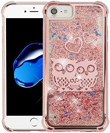 iPhone 8 Case, iPhone 7 Case, Glitter Quicksand in Liquid Hybrid, Slim Fit Transparent Polycarbonate and Silicone TPU Soft Cover - Rose Gold Owls