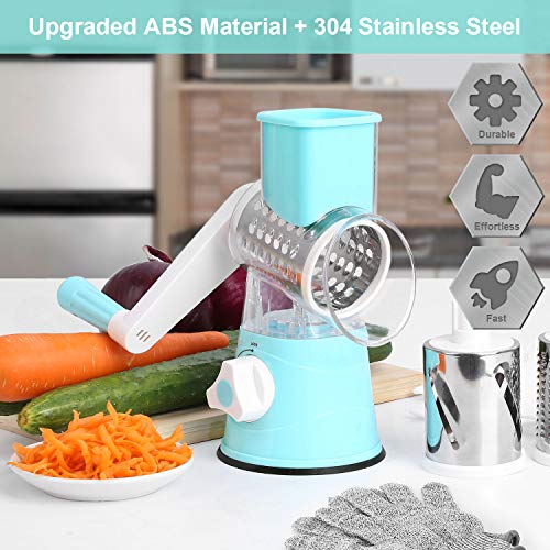 KARIDGE Rotary Cheese Grater with Cut Resistant Gloves, Kitchen Round Mandoline Veggie Slicer with 3 Interchangeable Blades for Grating, Shredding and Slicing for Cheese, Vegetables and Nuts (Red)