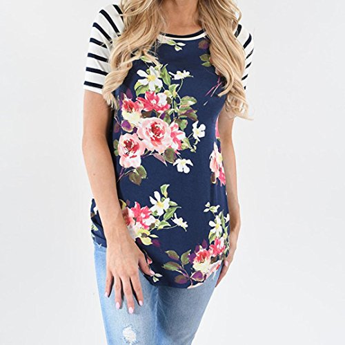 Pengy Clearance Women Short Sleeve Striped Floral Printed Blouse Shirt Tops (S, Blue)