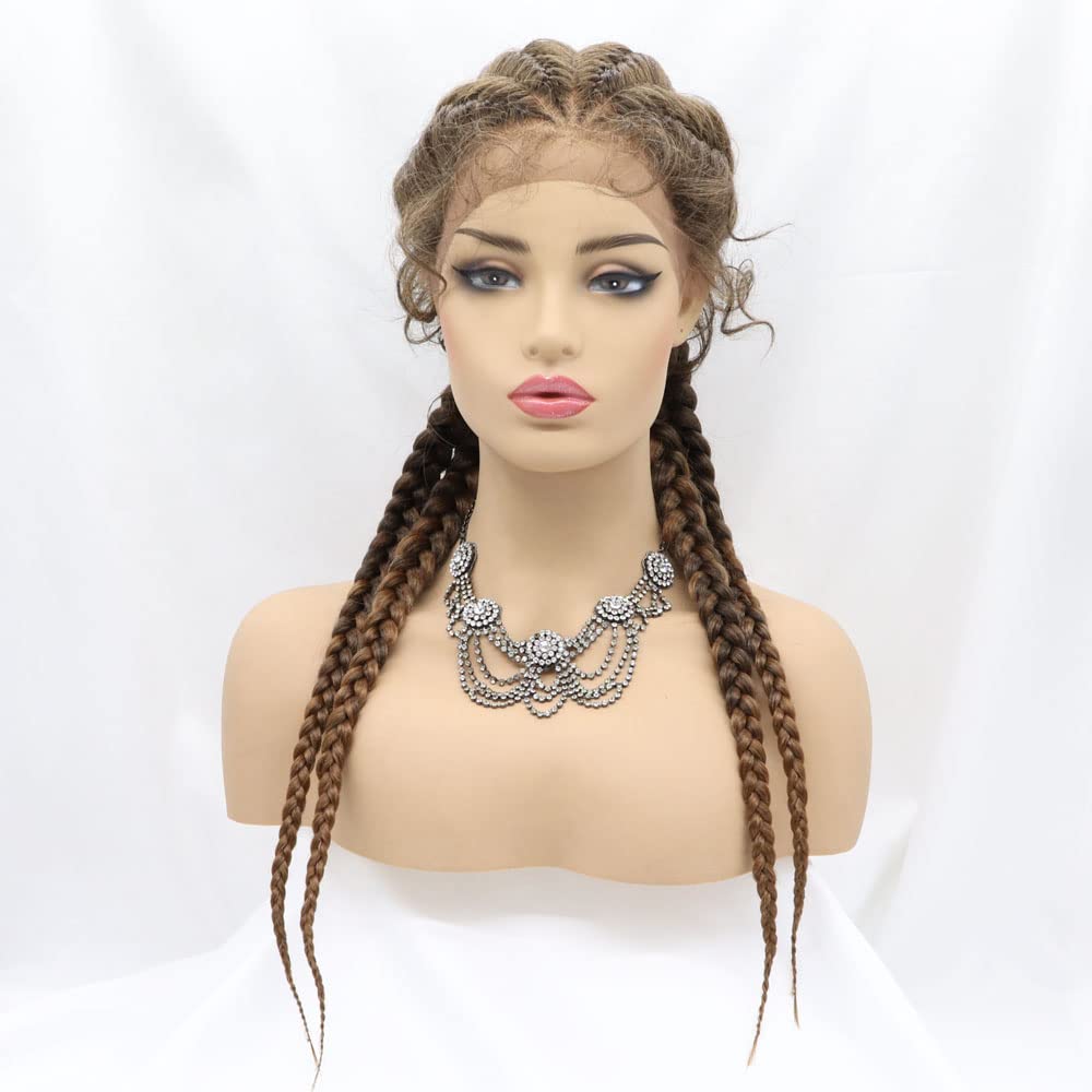 Xiweiya 28 inches Mix Brown Braided Wig Synthetic Lace Front Wig 4 Box Braids 360 Full Lace Wig Gold Color Cornrow Braid with Baby Hair Halloween