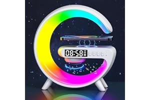 MGANEL Wireless Charging Atmosphere Lamp with Bluetooth Speaker, Light Up Wireless Speaker Intelligent LED Table Lamp, Color Changing Timer Alarm Clock Charging Stand Bedside Table Light for Bedroom (White)