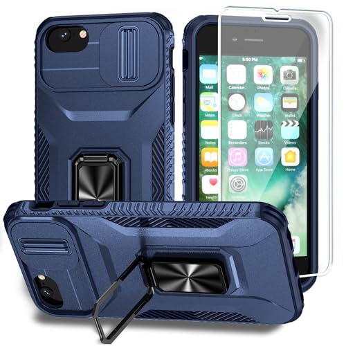 SunStory Compatible with iPhone 8/7/6 Plus Case with HD Screen Protector & Slide Camera Cover & Rotated Ring Kickstand, [Military-Grade] Phone Case for iPhone 6/7/8 Plus (Y_Blue)