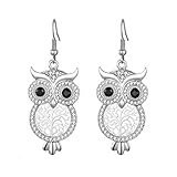 Dangle Earring for Women Lucky Owl Drop Earring for Girls Novelty Shining Rhinestone Earring Hoop Earring with CZ Crystal (Silver Plated)