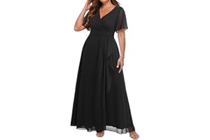 Talisea Plus Size Formal Dresses - Wedding Guest Bridesmaid Evening Prom Chiffon V Neck Ruffle Short Sleeves Long Dress Women