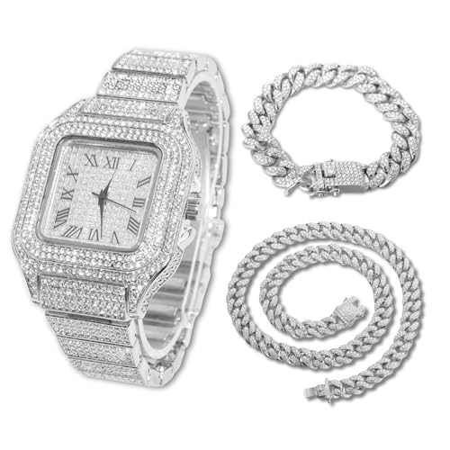 Halukakah Men’s Watch - The King - 18K Gold/Platinum Plated, 40MM Square Dial, Iced Out Wristband, with Cuban Link Chain Necklace and Bracelet Set Optional, Comes in Giftbox