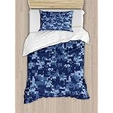 Ambesonne Camo Duvet Cover Set Twin Size, Militaristic Digital Effected Armed Forces Pattern Grunge Fashion in Blue, Decorative 2 Piece Bedding Set with 1 Pillow Sham, Dark Blue Pale Blue