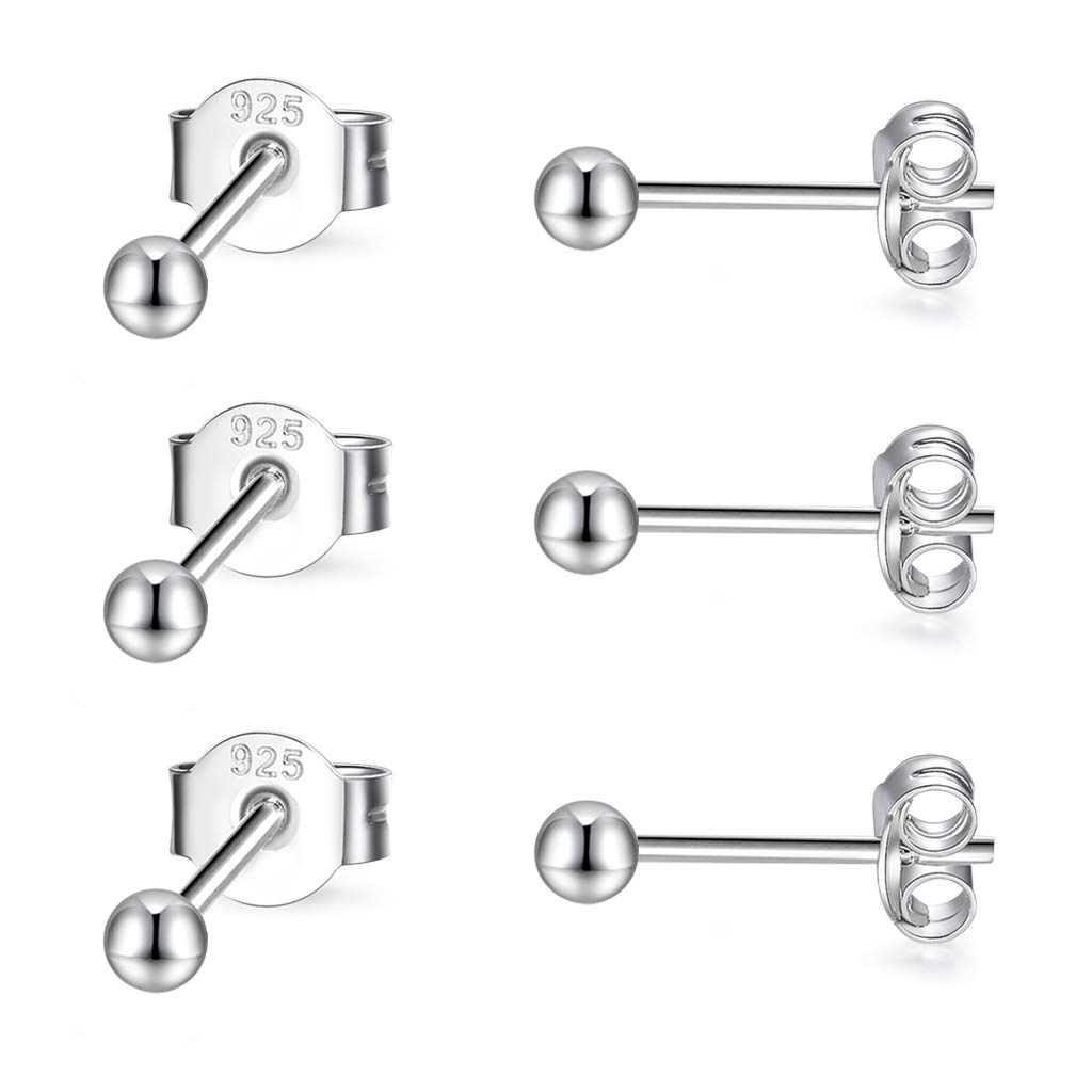 CERSLIMO Silver Stud Earrings for Women Men Girls, 3 Pairs Sterling Silver Tiny Ball Stud Earrings Small Dot Studs Dainty Cartilage Tragus Sleeper Earrings Set (3mm, Silver)