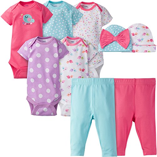 GERBER Baby Girls' 9Piece Onesies Bodysuit, Pant and Cap Set, Little