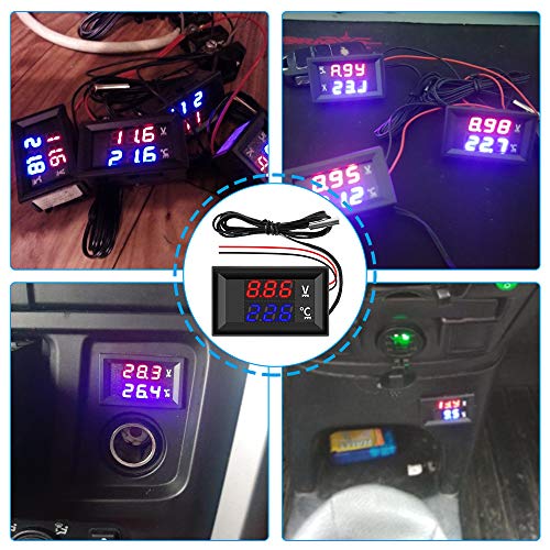 Icstation Temperature Gauge with Sensor, DC 4V 9V 12V 24V 28V Digital Thermometer with Dual Degrees Celsius Color LCD Display, -50 to +125 Celsius, Waterproof NTC Temperature Sensor Probe Thermometer