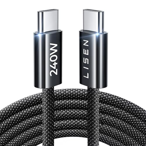 LISEN 240W USB C Cable Fast Charging, 2m PD 5A USB C to USB C Cable USB C Charger Nylon Braided for iPhone 17 16 Samsung S25 Ultra iPad Air MacBook Pro Google Pixel 9 Xiaomi 17 Switch, Black