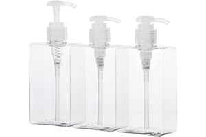 Suream Refillable Shampoo and Conditioner Bottles, 9.5oz/280ml Clear Plastic Pump Dispensers for Shower, Square Empty Bathroom Bottle for Body Wash, Essential Oil, Soap Liquid, Lotion, 3Pack