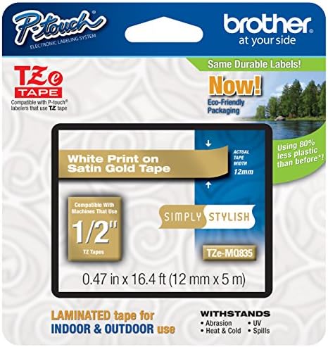 Genuine Brother 1/2" (12mm) White on Satin Gold TZe P-Touch Tape for Brother PT-1880, PT1880 Label Maker