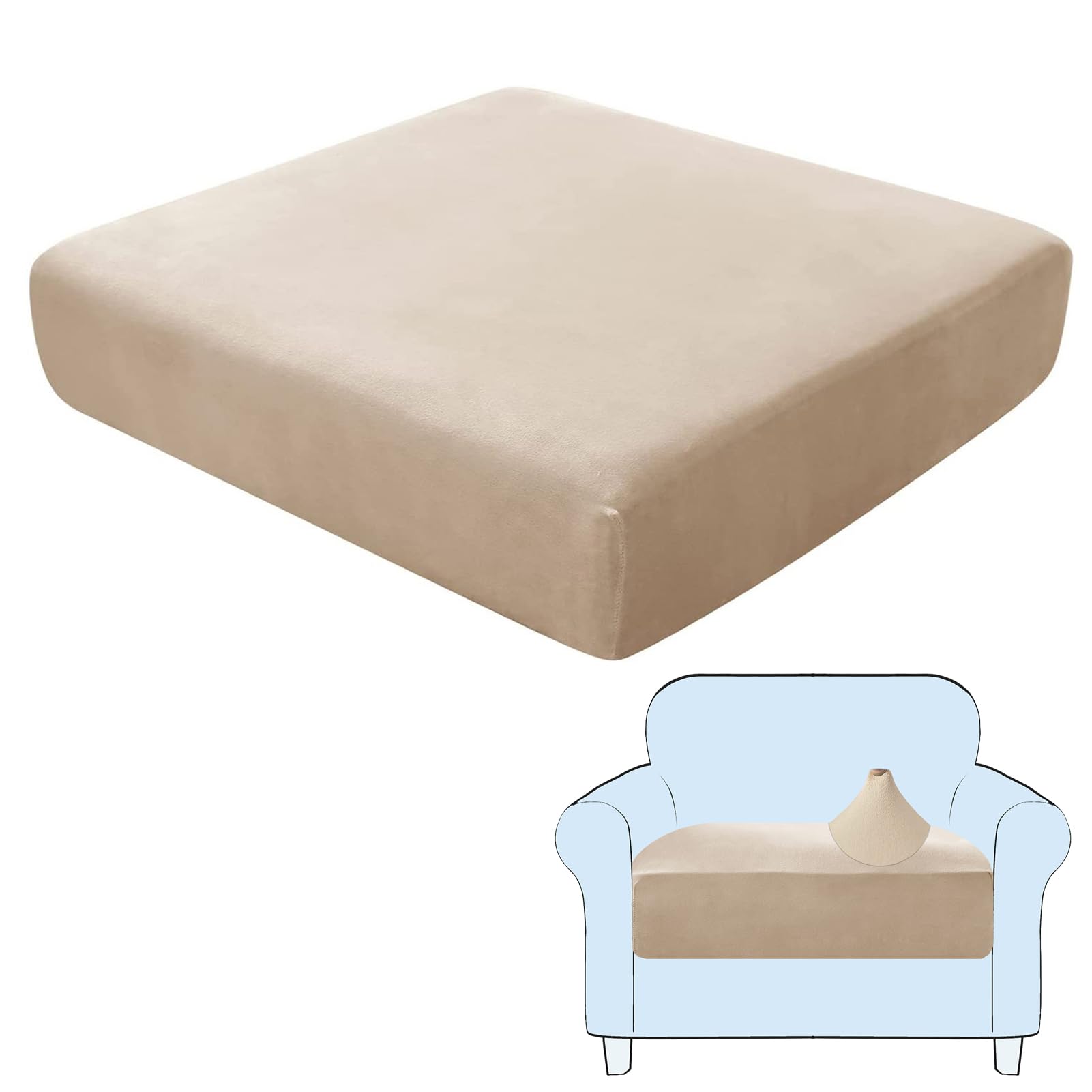SHUOJIA Sofa Seat Cushion Covers, Stretch Velvet Sofa Cover, Non-Slip Couch Cushion Covers Replacement for Individual Cushion,with Elastic Fabric,Machine Washable (Beige,Large-1-Seater)