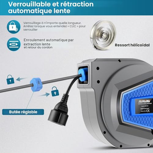 Himimi Automatik Kabeltrommel 15 m + 1 m 1500 W ~ 3000 W Kabelaufroller Automatisch Stromtrommel Schlauchaufroller, Verlängerungskabel außen Wandmontage Überlastschutz, Wand Deckenmontage 180° drehbar