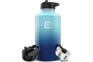 IRON °FLASK Camping & Hiking Hydration Flask with Straw, Wide Mouth Insulated Stainless Steel Sports Water Bottle - 64 oz Blue Waves