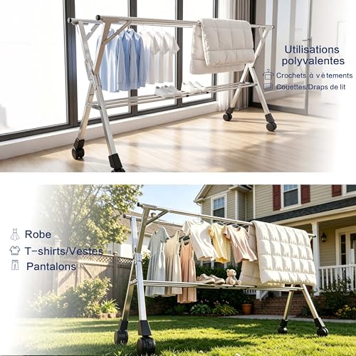 Kiseely Séchoir à Linge Pliable 240 cm intérieur extérieur, séchoir à vêtements en Acier Inoxydable résistant, Porte-vêtements avec 20 Crochets Coupe-Vent et 12 Pinces (240cm)