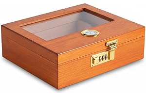 GOSHENTECH Humidor case That Holds 30-50 pcs Elegant humidor with Combination Lock, Hygrometer and humidifier - Cedar Wood humidor for Optimal Humidity Control (Amber)