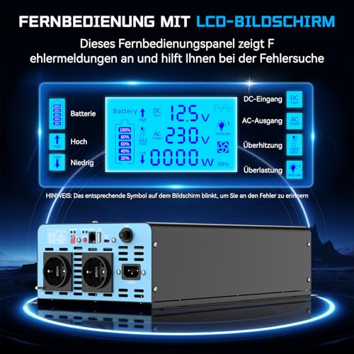 OLTEANP 2500W Pure Sine Wave Inverter with UPS Function and Network Priority Voltage Converter 12 V to 230 V LCD Screen Remote Control for Home Automation and Office Sump Pump