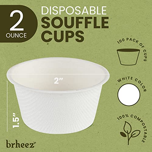 brheez 2 oz Pack of 100 Disposable Bagasse Fiber Souffle Cups , 100