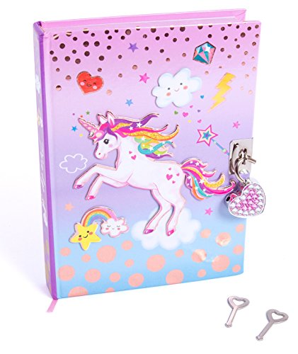 Hot Focus Unicorn Secret Diary with Lock – 7” Journal Notebook with 300 Double Sided Lined Pages, Padlock and Two Keys for Kids