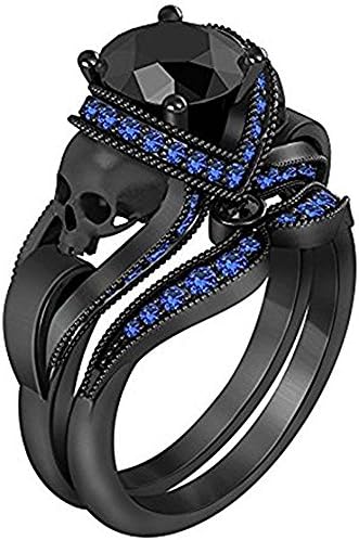 14k Black Gold Plated Alloy 1.10 CT Created Black Diamonds &amp; Created Blue Sapphire Round Skull Ring-Wedding Band Engagement Bridal Ring Set Fashion Ring for womens Free Size 4 to 11