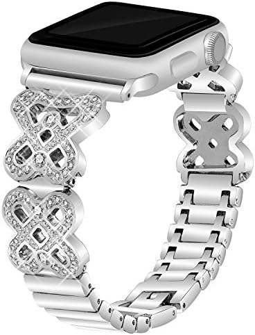 VOMA Bling Bands Compatible for Apple Watch Band 38mm 40mm iWatch Series 5/4/3/2/1, Diamond Rhinestone Stainless Steel Metal Jewelry Bracelet Bangle Wristband Strap(Bowknot Silver 38mm 40mm)