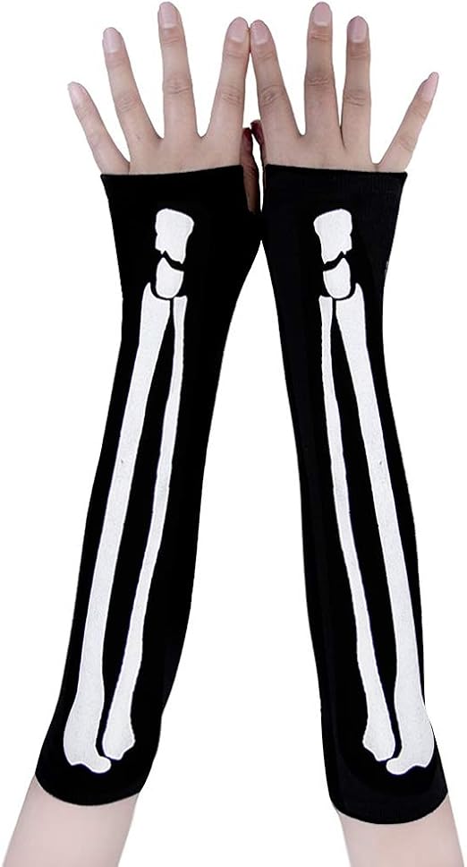 Skeleton Fingerless Mittens Halloween Skull Arm Sleeves Fancy Dress