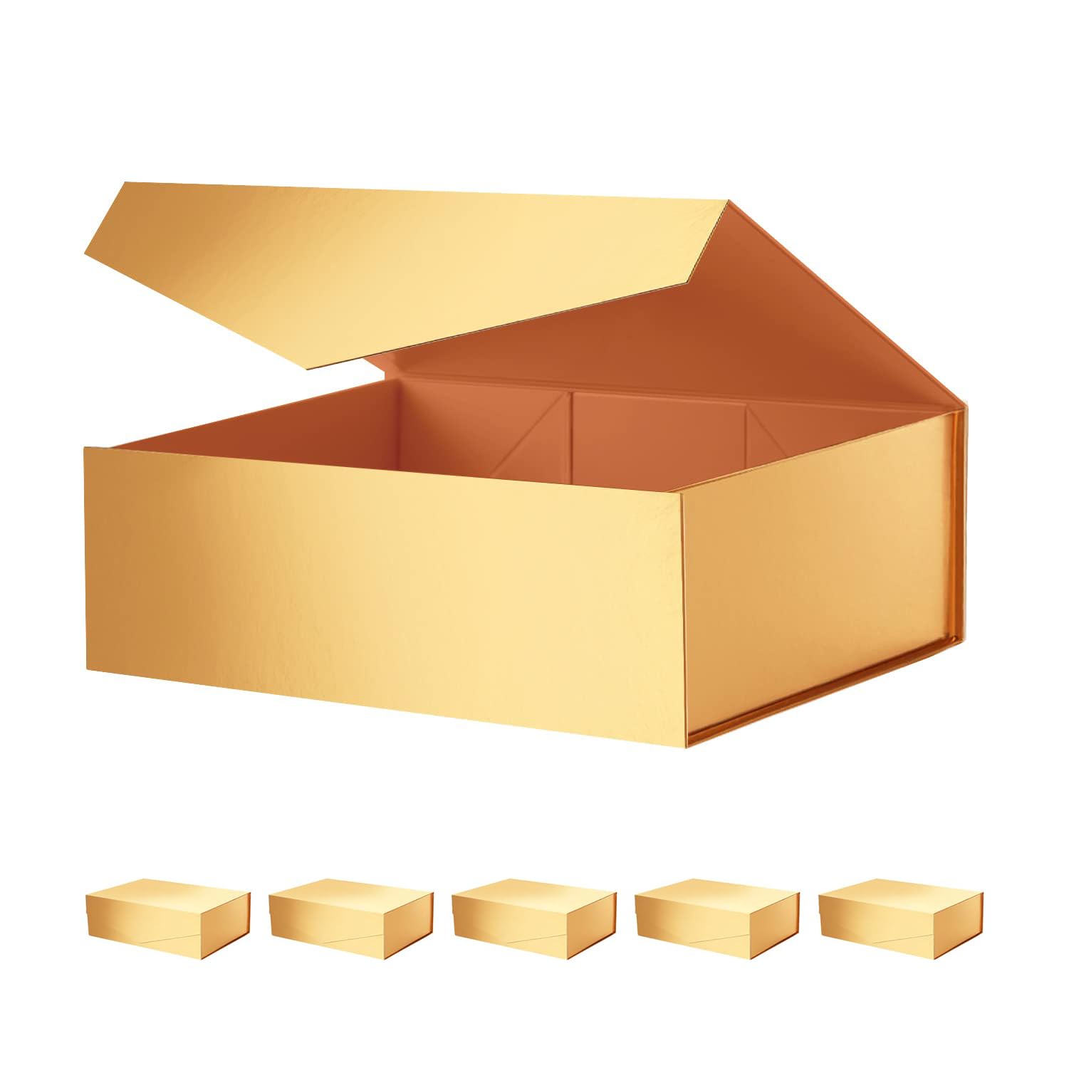 Photo 1 of JINGUAN Large Gold Collapsible Gift Boxes with Magnetic Closure Lids 13.5x9x4.1 Inches, Bridesmaid Proposal Boxes for Presents (Glossy Gold, 6 Pack)