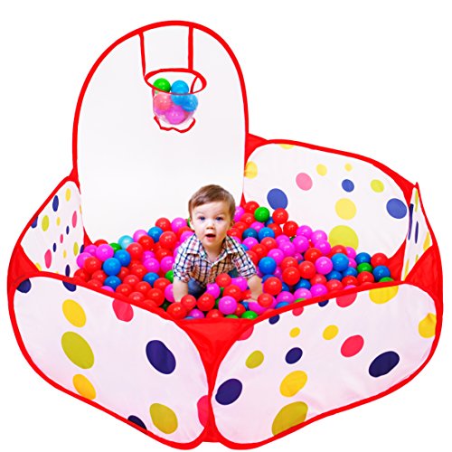 PlayO Kids Ball Pit Tent Basketball Hoop - Kids Red Ball Pit Play Tent Hoop Carry Case. Toddler Pop up Playpen Tent 4 ft. (120cm) (Balls not Included)