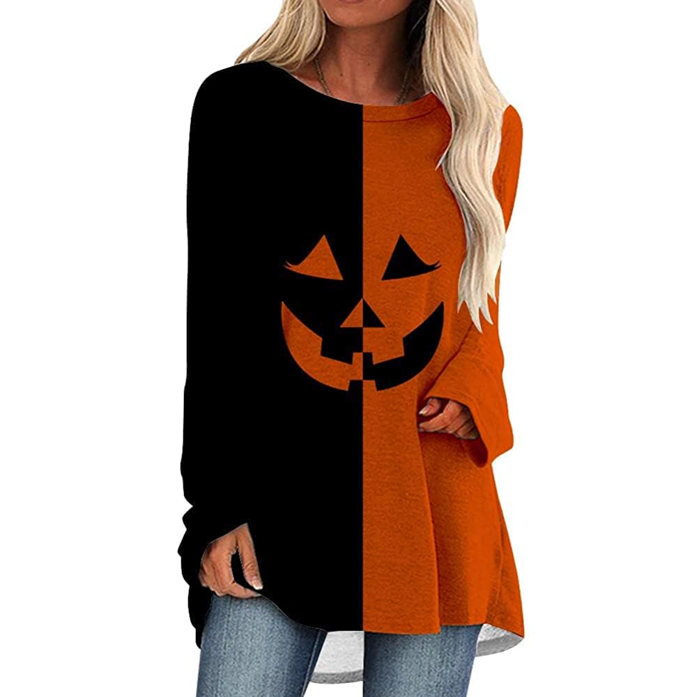 View 1 of ***DIRTY/ STAINED*** KKG Halloween Shirts for Women Plus Size Pumpkin Clothing Outfits, Casual Loose Fit Tunic Tops Long Sleeves