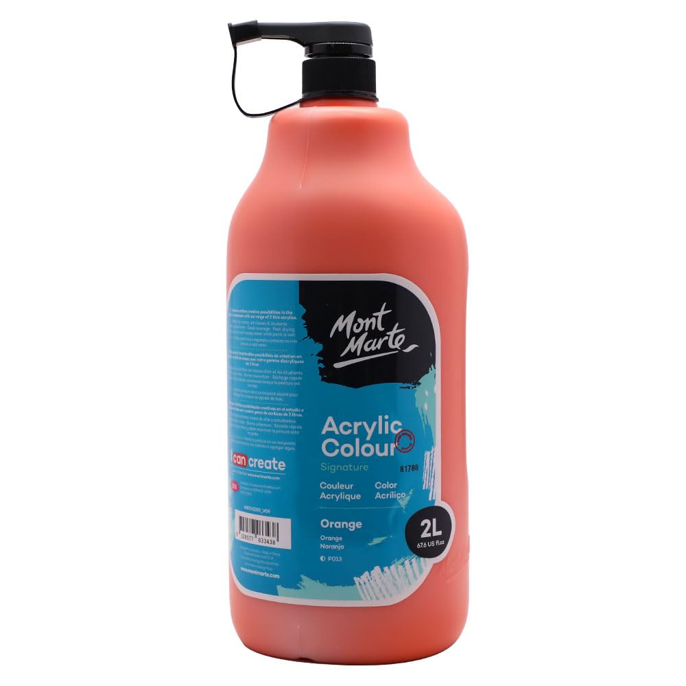 MONT MARTE Discovery School Acrylic, Orange, 1/2 Gallon (2 Liter). Ideal for Students and Artists. Excellent Coverage and Fast Drying. Pump Lid Included.