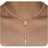 Dainty Gold Virgin Mary Cross Beaded Y Necklace for Women Vintage Rosary White Cross Pearl Pendant Necklaces Religious Statement Neck Jewelry