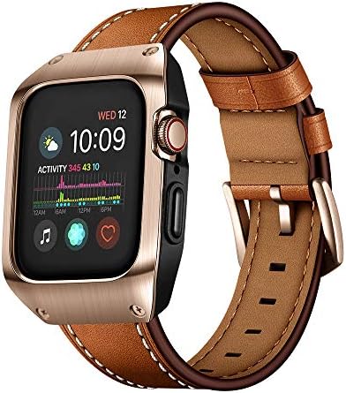VANCHAN Compatible Apple Watch Band（44mm）， Soft Leather Replacement Band with Stainless Steel Protective Cover for Apple Watch Series 4 （44mm） Brown/Rose Gold